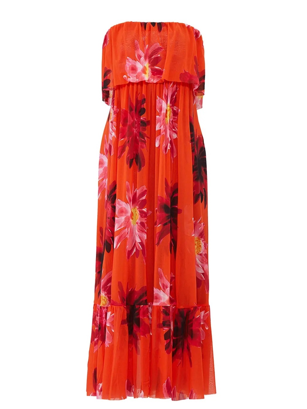 Fuzzi Red Floral Strapless Midi Dress Vacation Resortwear Flowy Tropical Medium